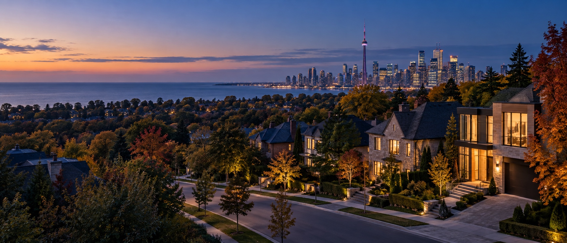 Greater Toronto Area residential neighbourhood with the Toronto skyline at dusk